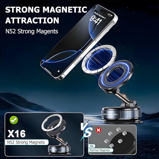 Car Phone Holder for Magsafe,Nano Gel Suction Cup Phone Mount,360° Adjustable Magnetic Phone Holder,Phone Holders for Your Car for iPhone Android Smartphones