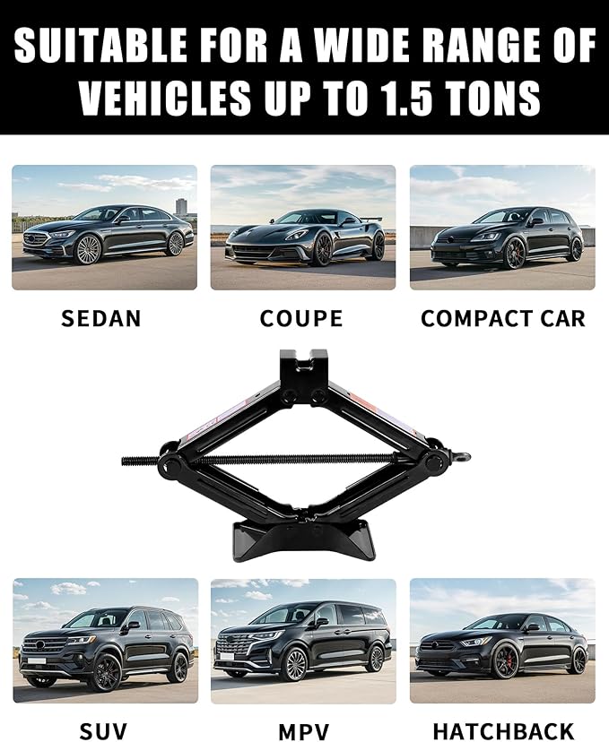 1.5-ton Scissor Jack in Your car's Roadside Emergency kit, Must-Have Spare tire Replacement Stand Tool for Your Vehicle, Telescoping Lug Nut Removal Tool, Ratchet Wrench (QJD1.5T-Set)