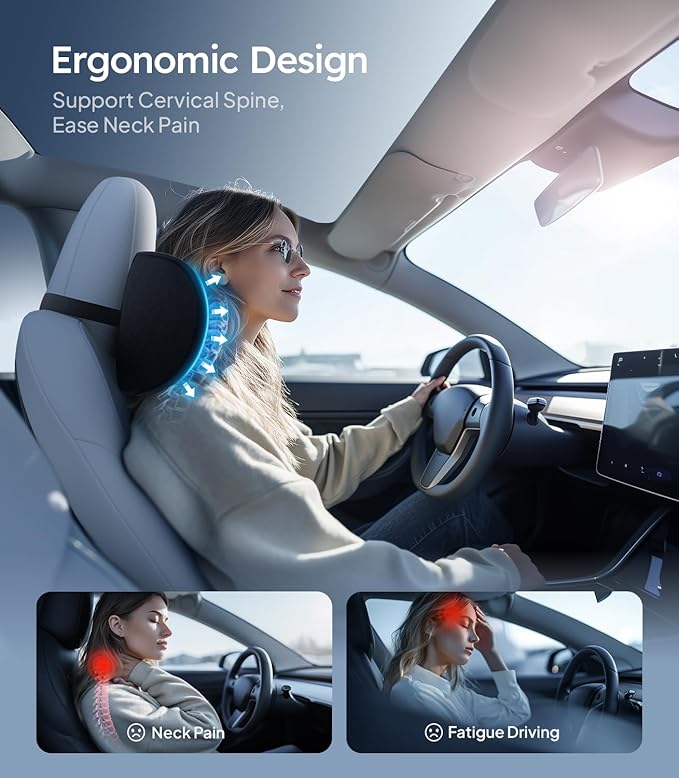 Wigoo 2026 Upgrade Car Neck Pillow [No More Pressure, Odorless] Soft Car Headrest Pillow with Adjustable Strap Removable Cover 100% Memory Foam, Fits All Vehicles (Black 2-Pack)