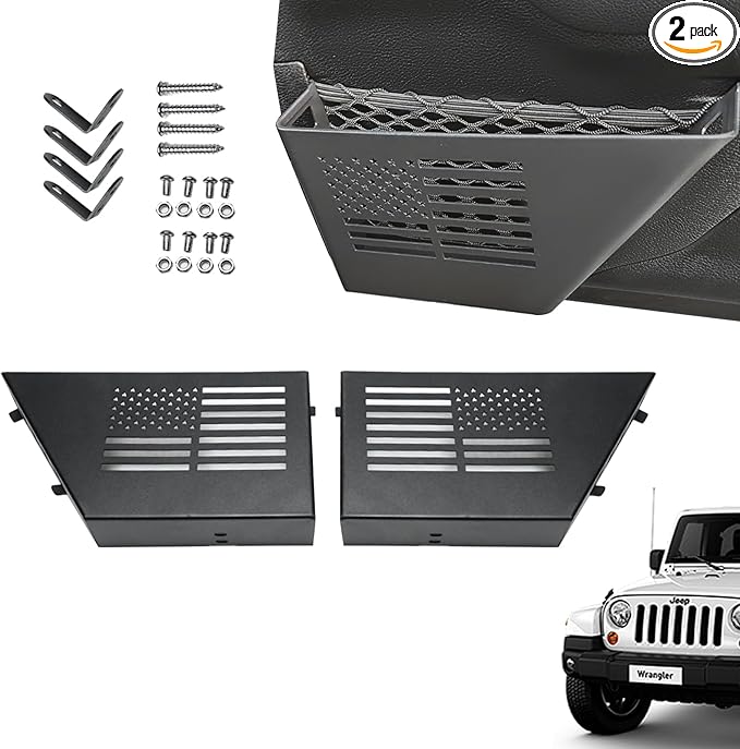 1 Pair Metal Front Door Storage Pockets for 2007-2018 Jeep Wrangler JK JKU - Black Organizer with Tool-Free Install, Anti-Rust Coating & Accessory Mount (US Flag)