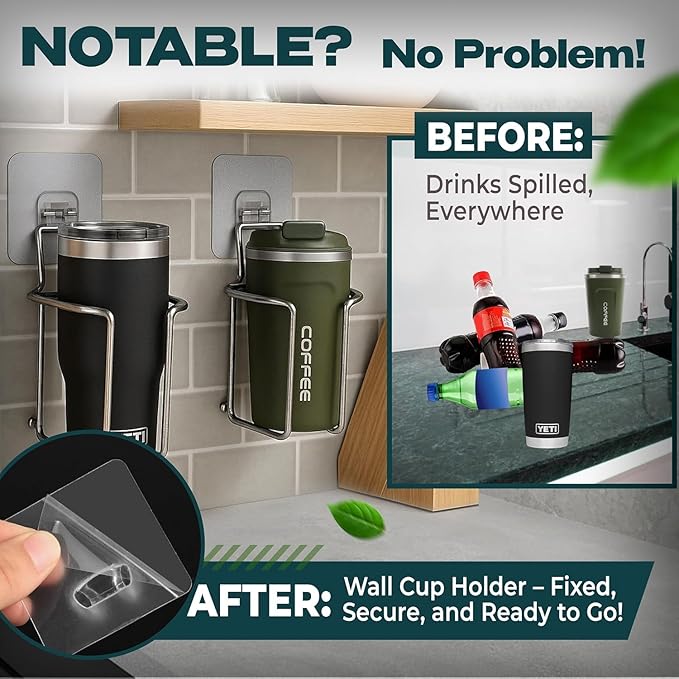 Skywin Large Cup, Water Bottle & Tumbler Holder Organizer (Adhesive Mount)- 2 Pack – Heavy-Duty Stainless Steel Drink Holder for Boats, Trucks, Cars, RVs & Yachts, Fits Large Tumblers, Bottles & Cans