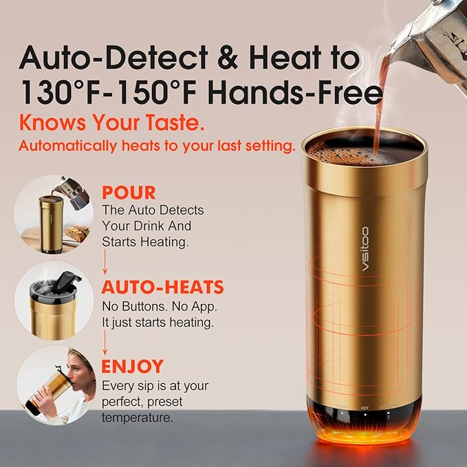 VSITOO S5 heated travel mug,16oz, Auto-Sensing AI Heats Drinks To 120-150°F Hands-Free. Temperature Control for All Cars, Perfect for Home/Office/Travel/Outdoor, Ideal Gift for Coffee Lovers - Gold