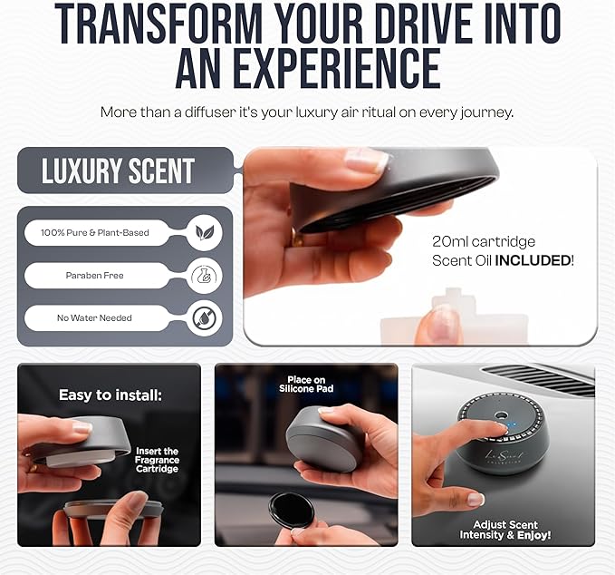 Smart Car Diffuser with 20ML Scent Oil Included - Car Air Freshener - Aromatherapy Diffuser - Portable, Compact, Cordless and Quiet Device - Deluxe Car Diffuser Luxscent Collection