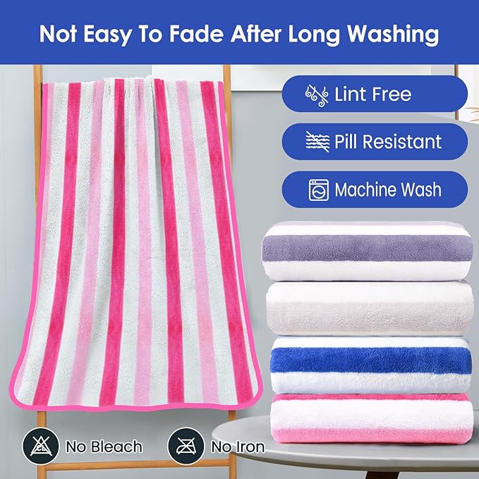 JML Microfiber Bath Towels Set of 4, Large Bathroom Towel for Adult, 30" x 60", Soft, Super Absorbent & Fast Drying, Use for Shower, Sauna, Sport, Fitness, Yoga, Cabana Stripe Pink