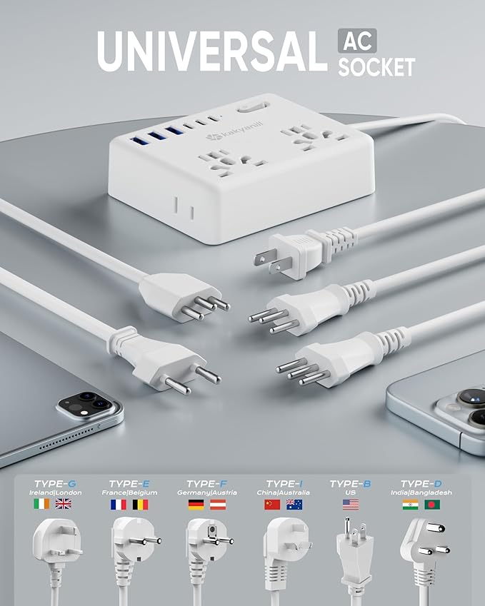 Universal Travel Adapter, Kakyanill European Travel Plug Adapter, EU/UK/AU/Plug Adapter, 4 AC Outlets, 6 USB Ports (3 USB C), 5ft Flat Extension Cord, Compact for Travel