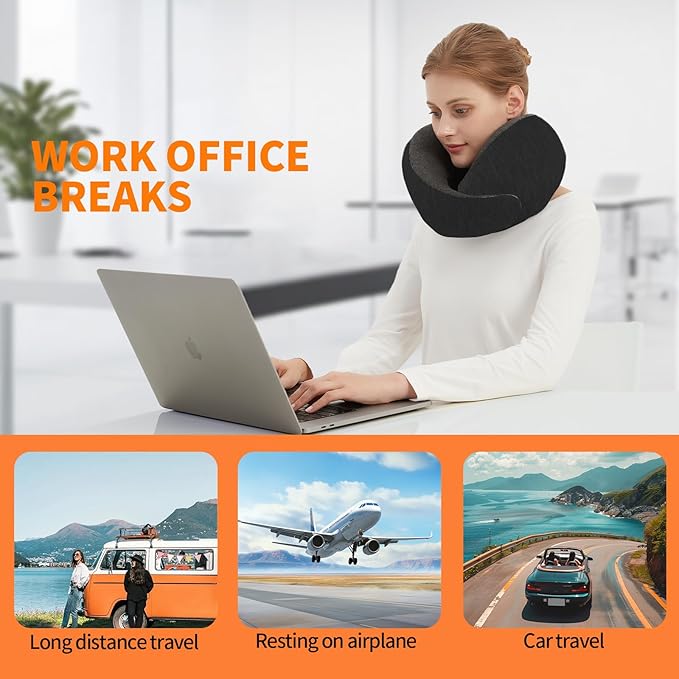 Travel Neck Pillow for Airplane – Memory Foam 360° Support Compact Design Ergonomic Flight Pillow for Sleeping & Neck Support Portable Travel Pillows for Adults, Car, Office Home (Black)