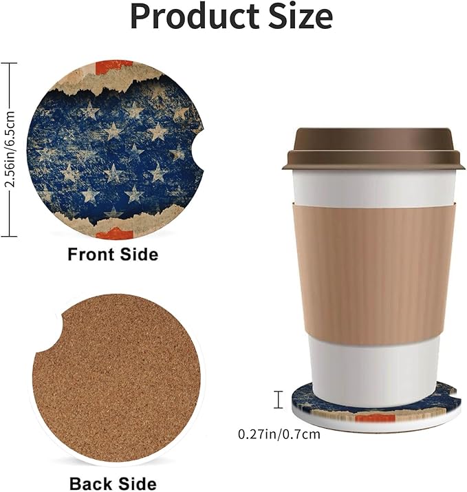 Absorbent Car Coasters for Cup Holders, 2 Pack Universal Anti Slip Ceramic Cup Coaster for Women Men 2.56 Inch Car Interior Accessories - Vintage Stars and Stripes 010