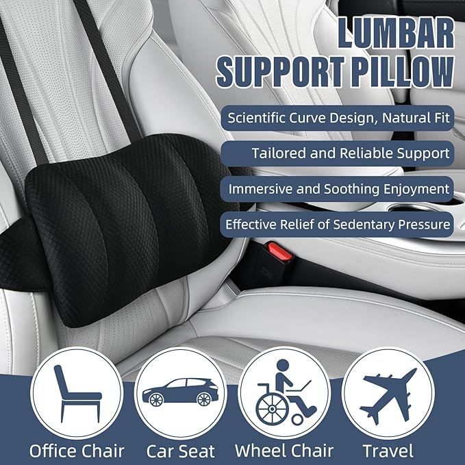 KAYI Lumbar Support Pillow for Car, Memory Foam Lumbar Pillow with Adjustable Straps, Lumbar Support Pillow for Office Chair, Back Support for Car, Sitting, Driving, Traveling (1, Black)