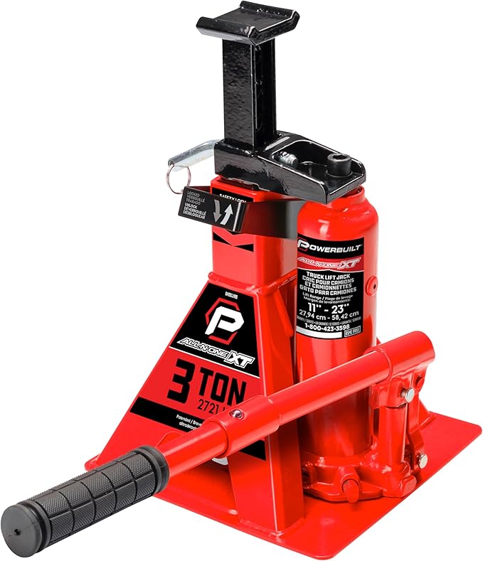 POWERBUILT 3 Ton All-in-One Hydraulic Bottle Jack and Jackstand in One, Compact, Wide Base, 11-21 Inch Range, Eliminates Jackstands, for Trucks, SUVs, RVs, Trailers, ASME, Not for Sedans - 640912