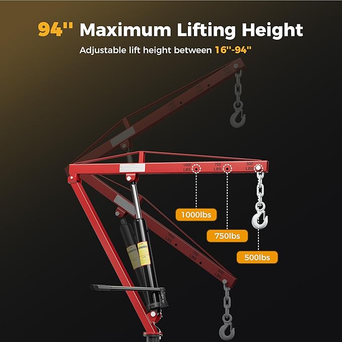 1000lbs Receiver Hitch Mounted Hydraulic 360° Swivel Truck Crane with 3 Boom Capacity Options: 500lbs, 750lbs, 1000lbs. Ideal for Workshops, Construction, Agriculture, and Logging, Red