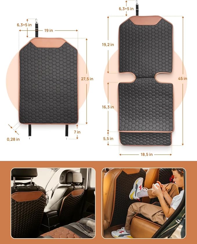 Owleys Kick Mat Back Seat Protector - Car Back Seat Cover for Kids Feet - Waterproof & Sturdy Protector for Upholstery from Dirt, Mud, Scratches and Stain (Hexy Set)