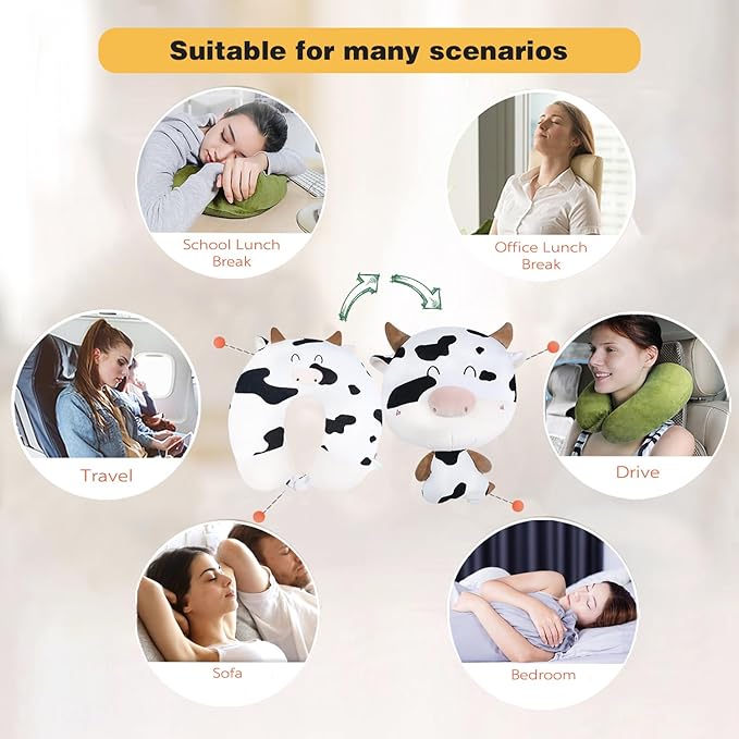Kids Travel Pillow - 2-in-1 Deformable Kids Neck Pillow for Traveling, Soft U-Shaped Pillow with Adorable Animal Design, Comfy Sleep and Play, Ideal for Airplanes and Traveling-Milk Cow