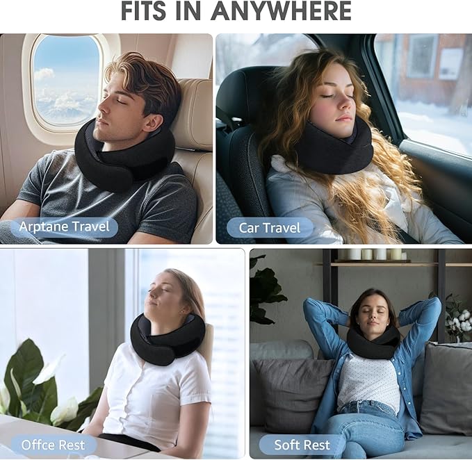 Neck Travel Pillows for Airplanes Memory Foam Neck Comfort Pillow Compact Ergonomic Design Sleeping Essentials for Long Flights Car Rides and Home Use (Black)