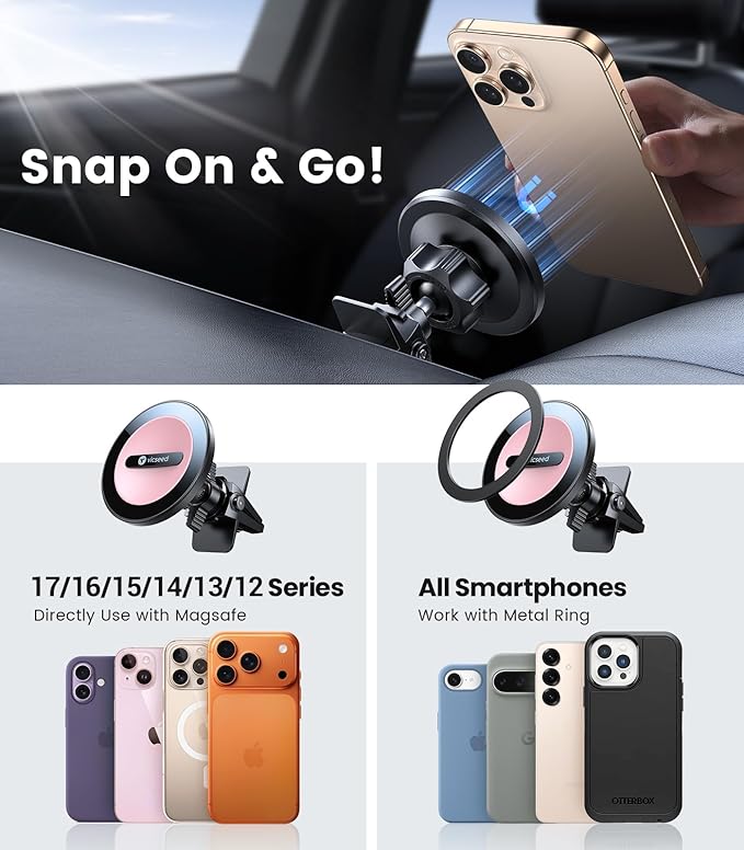 VICSEED for MagSafe Car Mount Vent Pink– 2025 Strongest Magnetic Hold & Clip, 360° Adjustable, Study Magnet Phone Holder for iPhone 12/13/14/15 Pro Max, Easy One-Hand Operation