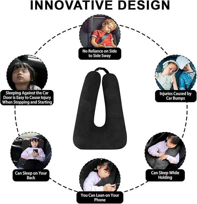 Travel Pillow, Travel Pillow for Kids, Sleeper Hold Pillow Travel, Removable U-Shaped Pillow for Adults and Children to Support Head and Body in The Back Seat of Long Car Trips (Black)