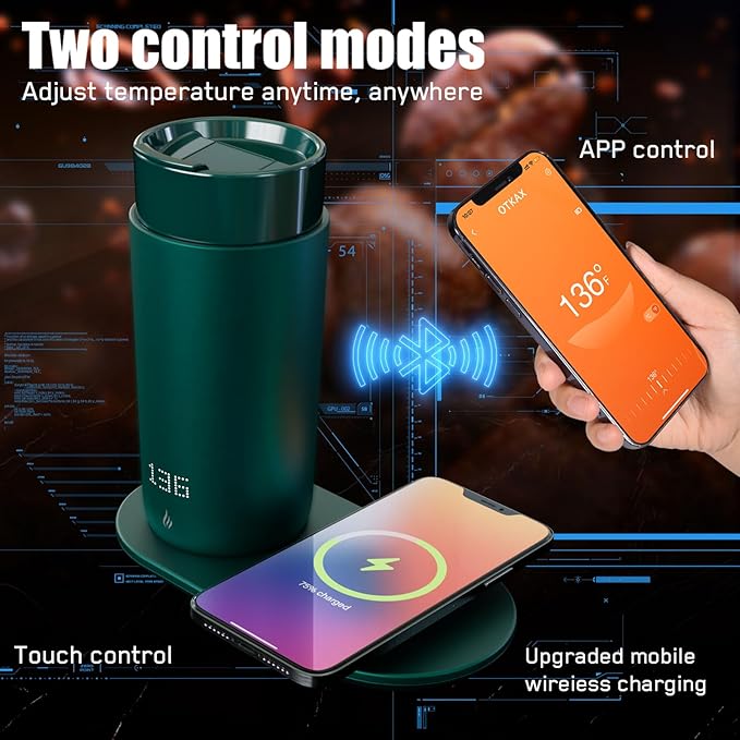 Temperature Control Heated Coffee Mug Smart Self Heating Travel Mug 12 Oz App Controlled Warmer Mug 4-10 Hour LED Display Keep Coffee Hot Fast Wireless Charger Base Jade Green