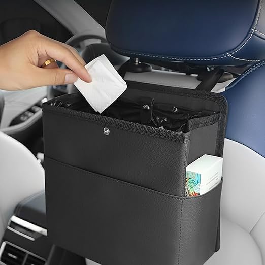 Foldable Car Trash Can, Hanging Car Garbage Can for Back Seat and Front Seat, Leather Automotive Garbage Organizer Bin for SUVs, Vans, and Trucks (No Garbage Bag)
