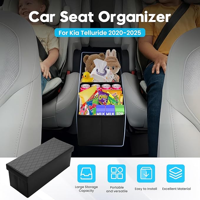 Autorder Car Seat Organizer for 2020-2025 2026 Kia Telluride Accessories Portable Backseat Organizer with Lid Handles Multipurpose Car Floor Storage for Kids Toys Baby Products Daily Necessities