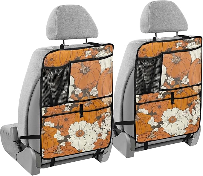 Thanksgiving Pumpkins Flowers Orange 1 Pack Backseat Car Organizer with Storage Pockets Seat Back Organizers for Kids Kick Mats Backseat Protector Automotive