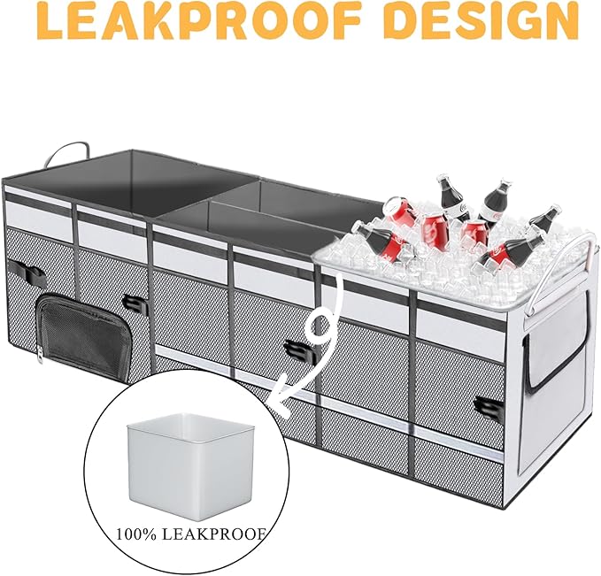 HAMOPY Car Trunk Organizer and Storage with Separate Compartment for 1 Pair of Shoes, Heavy Duty with Lid & Removable Leakproof Cooler Bag, Collapsible Large Trunk Organizers for SUV Sendan (Grey)