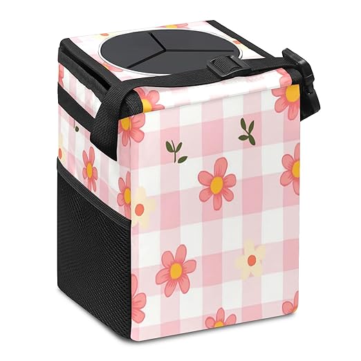 Car Trash Can with Lid, Small Portable Hanging Automotive Garbage Bin for Vehicles, Leakproof Waste Bag Container for SUV Truck Van Interior Auto Travel Road Trips(Pink Gingham)