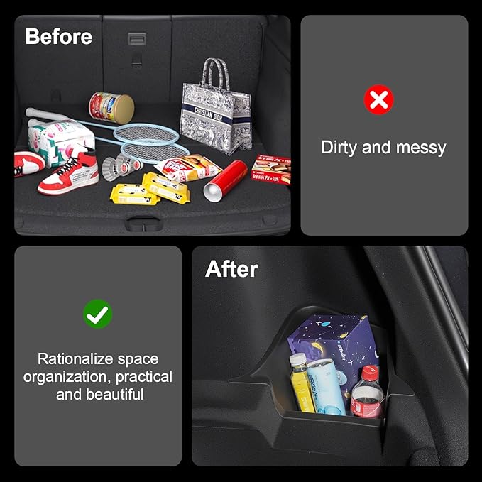 Trunk Storage Bin for Tesla Model Y Juniper Rear Trunk Organizer Corner Storage Trunk Side Storage Packets for Tesla Model Y 5 Seater 2 tpe buckets with lids (new model 2025 2026 y Juniper)