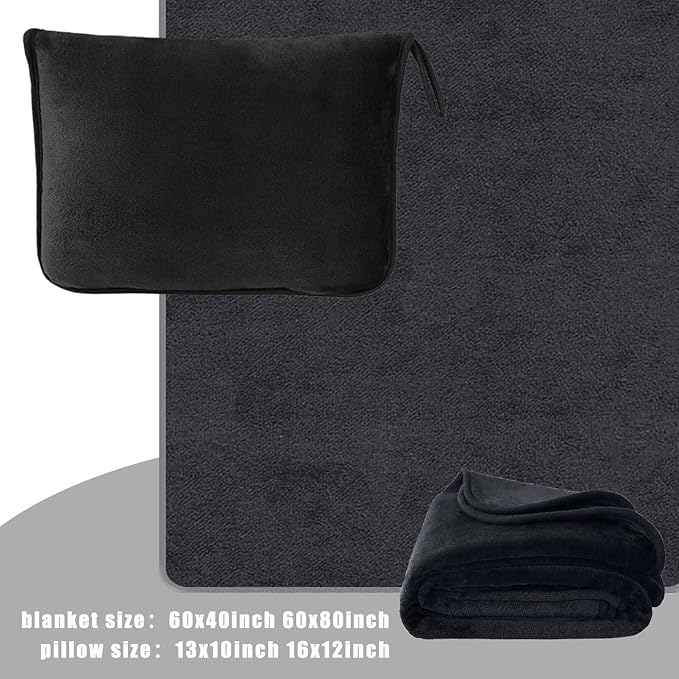 Travel Blanket and Pillow - Premium Soft 2 in 1 Airplane Compact with Soft Bag Pillowcase, Plane Blanket Compact Packable, Travel Essentials Accessories for Plane and Car, 60x80 Black
