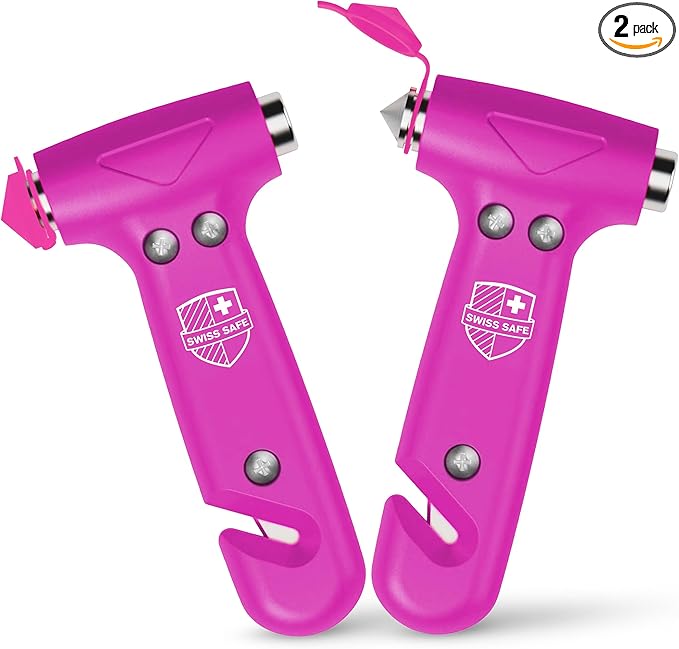 Swiss Safe 5-in-1 Emergency Car Safety Hammer – Car Window Breaker & Seatbelt Cutter, Heavy-Duty Escape Tool for Vehicle Emergencies and Auto Kits – Pink, 2 Pack