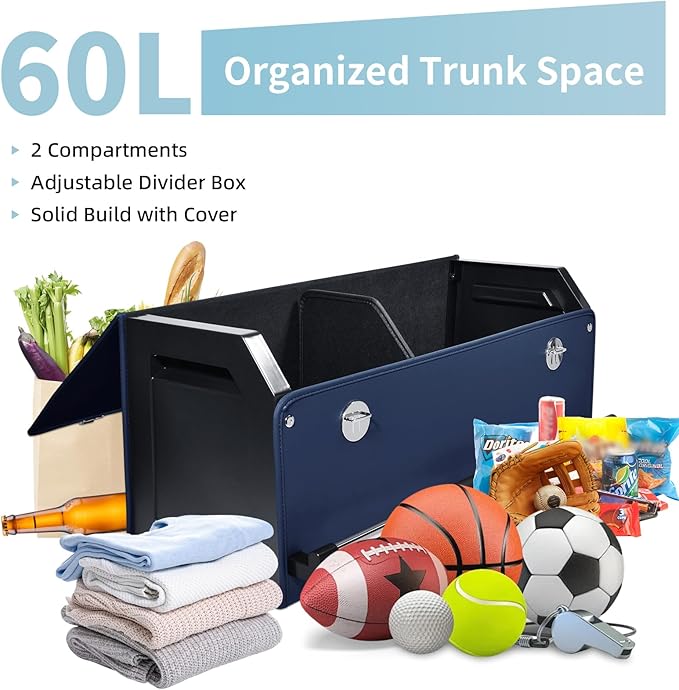 Car Trunk Organizer, Collapsible Car Storage Organizer with Lid and Push-pull Handle Leather Trunk Organizer for Suv, Truck, Minivan (Blue, 27.17 x 11.42 x 12.2in)