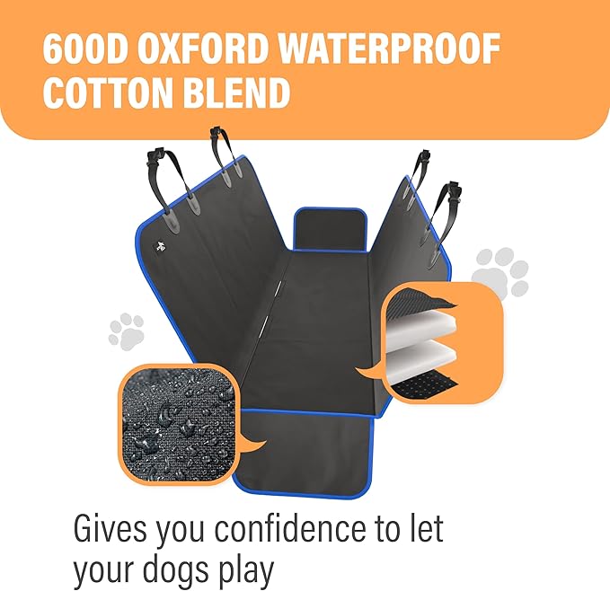 Active Pets Waterproof Hammock Standard Car Seat Cover, Fits Sedans Hatchbacks Crossovers Coupes Compact Vehicles, Secure Convertible Travel Bed Protects Backseat Cargo from Dogs, Black w/Blue Trim