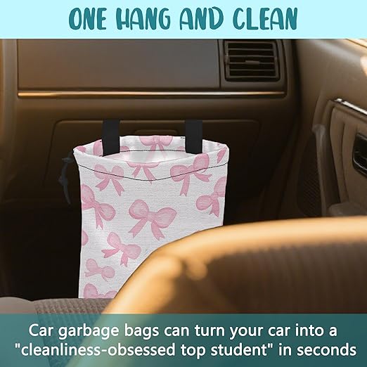 Car Trash Bag Pink Ribbon Bow Hanging Drawstring Car Organizer and Storage Bag with Adjustable Buckle Canvas Garbage Bin for Back Seat or Hanging Headrest Car Decor Road Trip Essentials