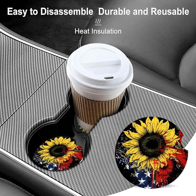 Ceramic Cup Holders Car Coasters for Women/Men,Cute Absorbent Drink Cup Car Holder Coasters with A Finger Notch 2.56" Pack of 2, Sunflower Flag Stars Stripe