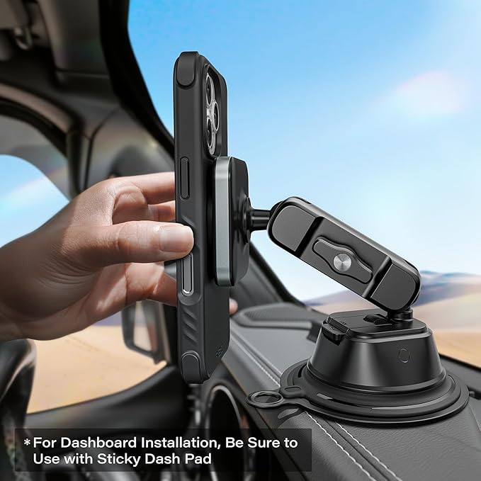 APPS2Car Heavy-Duty Vacuum Suction Phone Mount [Industrial 20x N55 Magnet, Alloy Arm, Ultra-Stable Suction Cup] for iPhone MagSafe/Samsung/Android, Magnetic Phone Holder for Car Windshield Dashboard