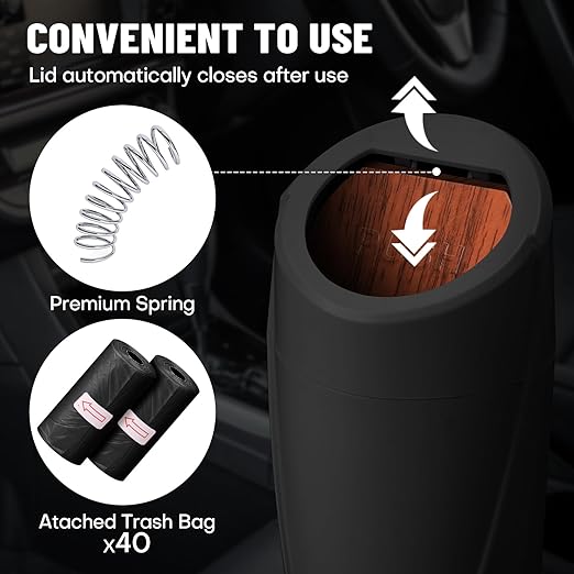 Car Trash Bin with Lid-2 Pack Car Garbage Can Cup Holder-Mini Leakproof Vehicle Garbage Can Bin with 40pcs Trash Bags-Automotive Organizers and Storage for Front Back Seat Accessories(Wood Grain Lid)