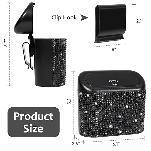 Accmor Bling Car Trash Can with Lid, Mini Auto Garbage Storage Bin with 60pcs Garbage Bags, Sparkling Crystal Trash Bags Holder Dustbin Vehicle Accessories Container Organizer (Black Rhinestone)