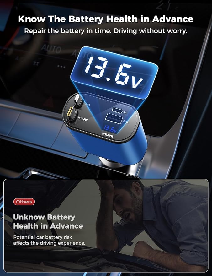 【Upgraded】 SUPERONE Retractable Car Charger 4 in 1, Fast Car Phone Charger with Cord 2.6ft, USB C and Apple Car Charger Adapter, Compatible with iPhone 17/16/15/15 Pro Max/14/13/12/11, Galaxy, Pixel