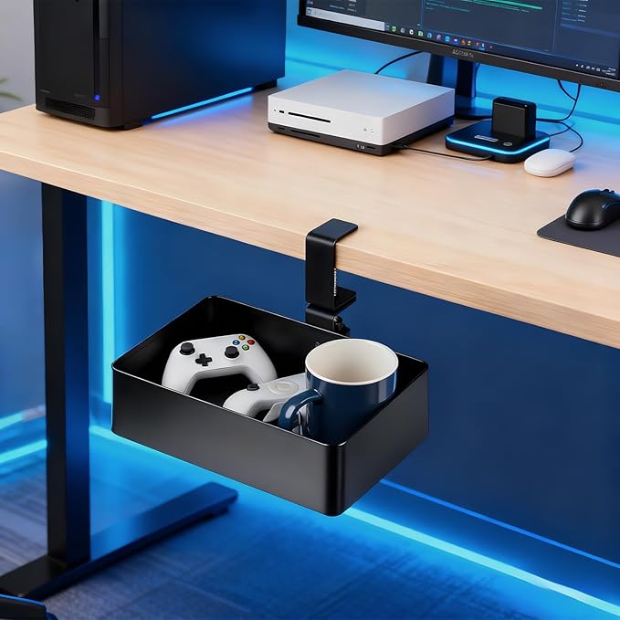 MYITYARD Under Desk Organizer, 360° Rotating Desk Cup Holder Clamp, Clamp on Drawer Under Desk Storage Organizer with Game Console, Phone, Cable Management for Office and Home (Rectangular)