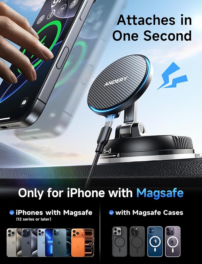 ANDERY Only for iPhone Magsafe Car Mount Charger [15W Fast Wireless Charging, 78+LBS Strong Suction, 2400gf Strong Magnetic] 360° Adjustable Car Phone Holder, Phone Holders for Your Car, Carbon Fiber
