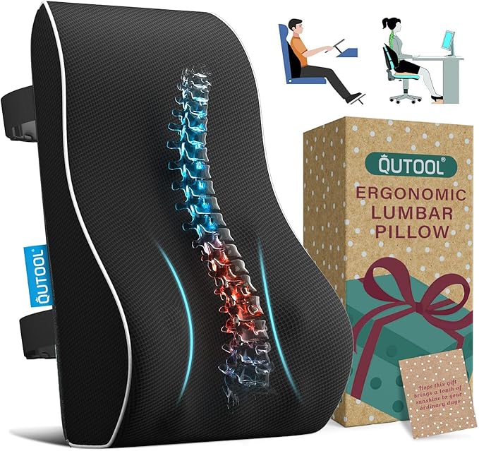 QUTOOL Lumbar Support Pillow with DIY Gift Box - Birthdays Gifts for Women Men, Ergonomic Back Support with Breathable 3D Mesh Cover, Suited for Office Chairs, Gaming Chairs, Car, Home Use (Black)