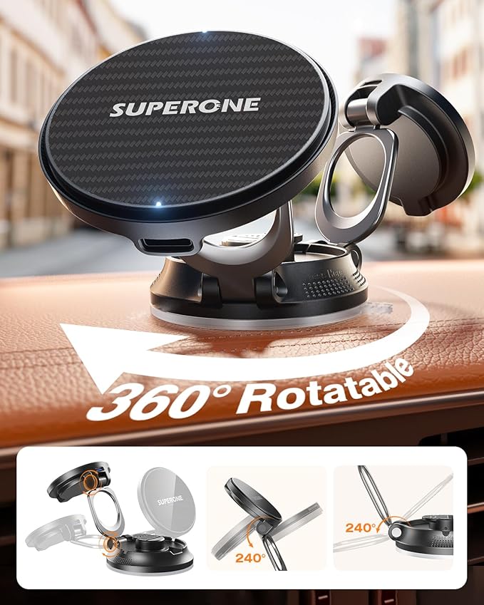 SUPERONE for MagSafe Car Mount Charger, 15W Magnetic Wireless Car Charger with Suction Cup, [Windshield+Dash] 360° Vacuum Phone Holders for Your Car for iPhone 17 16 15 14 13 12 Samsung with MagSafe