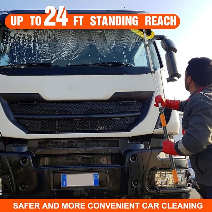 16FT Car Wash Brush with Long Handle, Car Cleaning Brush with 12 Inch Soft Bristle, Solar Panels Cleaner with Telescoping Pole for RV, Truck, Boat, House Siding