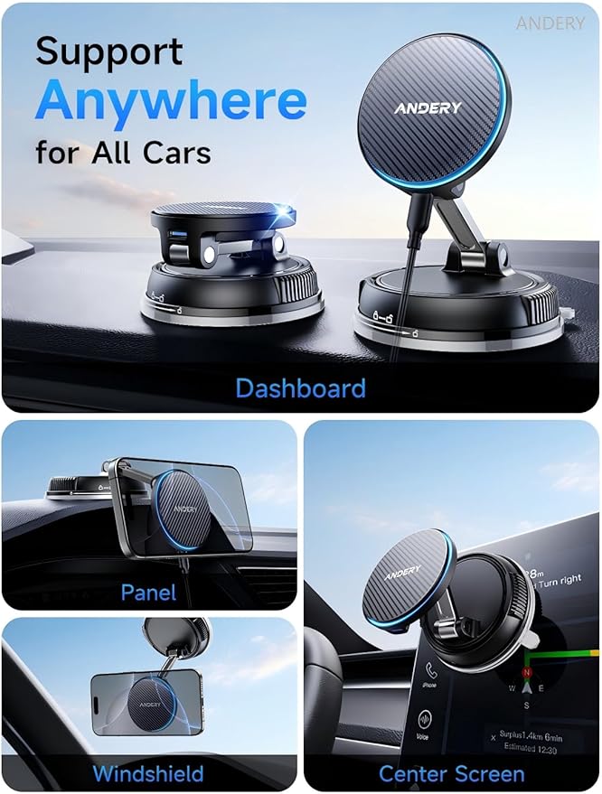ANDERY Only for iPhone Magsafe Car Mount Charger [15W Fast Wireless Charging, 78+LBS Strong Suction, 2400gf Strong Magnetic] 360° Adjustable Car Phone Holder, Phone Holders for Your Car, Carbon Fiber