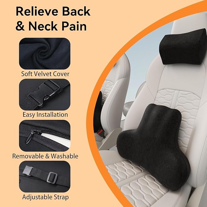 Car Neck & Lumbar Support Pillow Set for Toyota RAV4, Soft Memory Foam Headrest & Back Cushion, Ergonomic Comfortable Seat Support for Daily Driving and Long Trips Car Interior Accessories