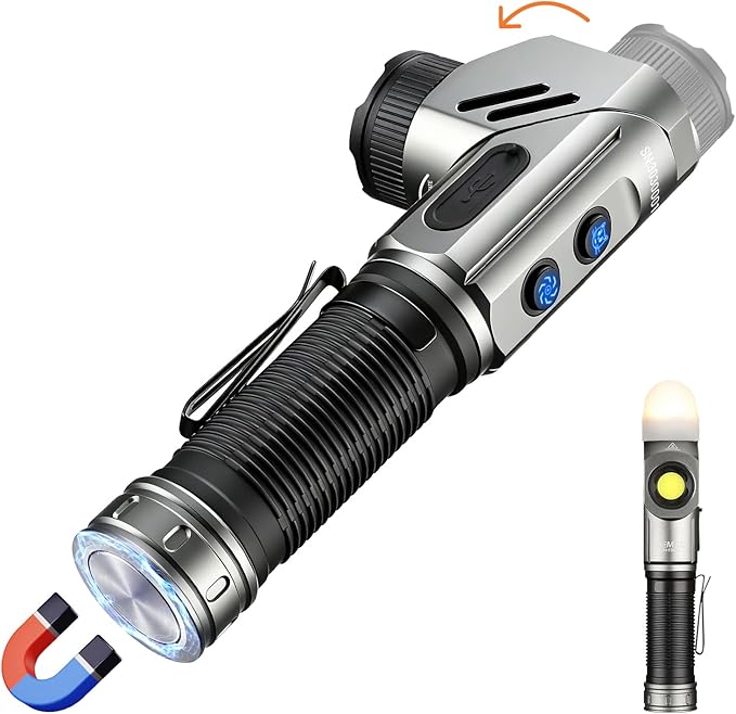 Yemao Rechargeable Tactical Flashlights 1600 High Lumens 2 Light Sources,6 Modes,90 Degree Rotating,Waterproof Working Light with Magnetic Base for Home Emergency,Outdoor,Camping,Shop