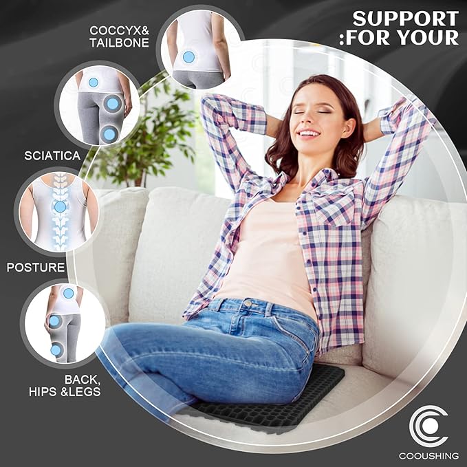 Gel Seat Cushion, for Long Sitting -Double Thick Gel Seat Cushion Breathable Honeycomb Chair Cushion with Non-Slip Cover for Office Chair Car, Wheelchair, Long Trips,Relief Sciatica Pain