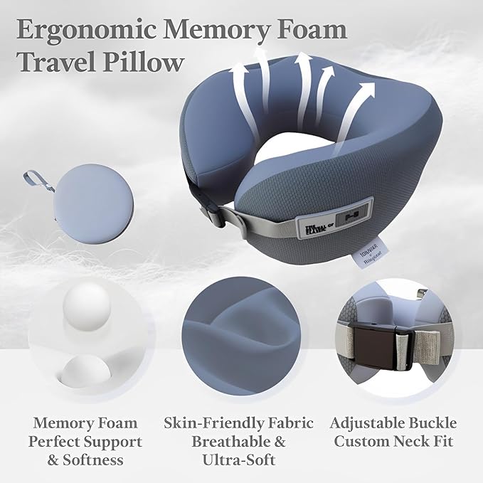 Memory Foam U Shaped Travel Neck Pillow with Compact Carry Case - Ideal for Airplanes, Car Trips & Long Flights, Travel Essentials