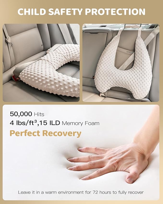 Memory Foam Kids Travel Pillow, Car Pillow for Kids, H-Shape Car Pillows for Sleeping, Removable Pillowcase, Adjustable, Velvet Dots, Beige