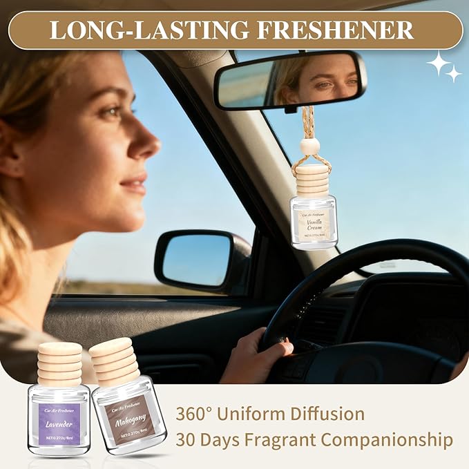 Car Air Freshener 6 Pack, Vanilla Cream,Mahogany & Lavender 3 Natural Scent, Long Lasting Essential Oil Fragrance Diffuser, Hanging Air Freshener Cute Car Accessories Interior for women