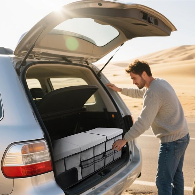 HAMOPY Car Trunk Organizer and Storage with Separate Compartment for 1 Pair of Shoes, Heavy Duty with Lid & Removable Leakproof Cooler Bag, Collapsible Large Trunk Organizers for SUV Sendan (Grey)