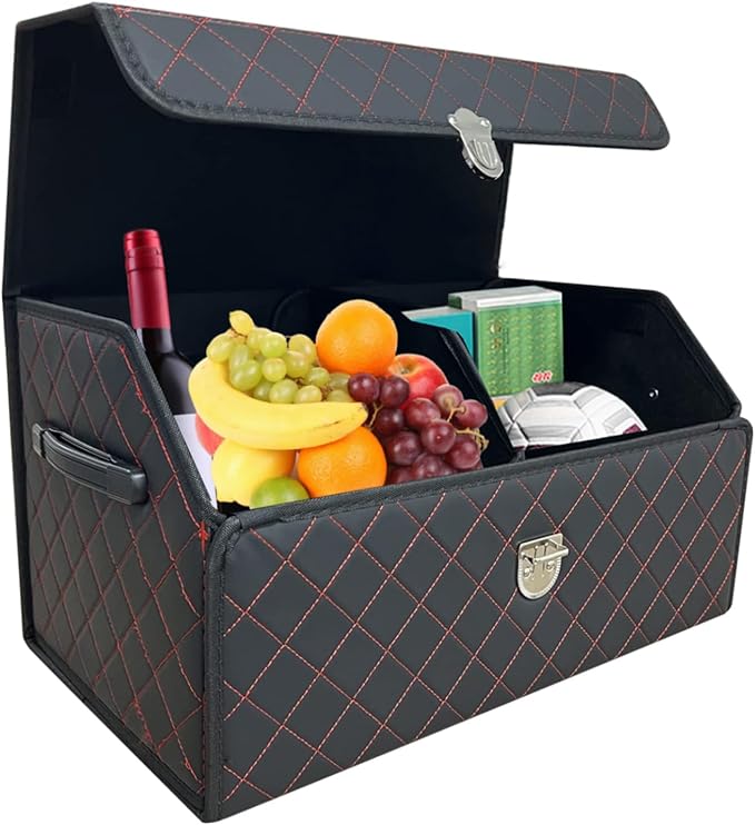 Car Organizer Trunk, Leather Trunk Organizer for SUV, Cargo Storage Automotive Consoles Organizers-Multi-Compartment Adjustable Auto Grocery Storage Box